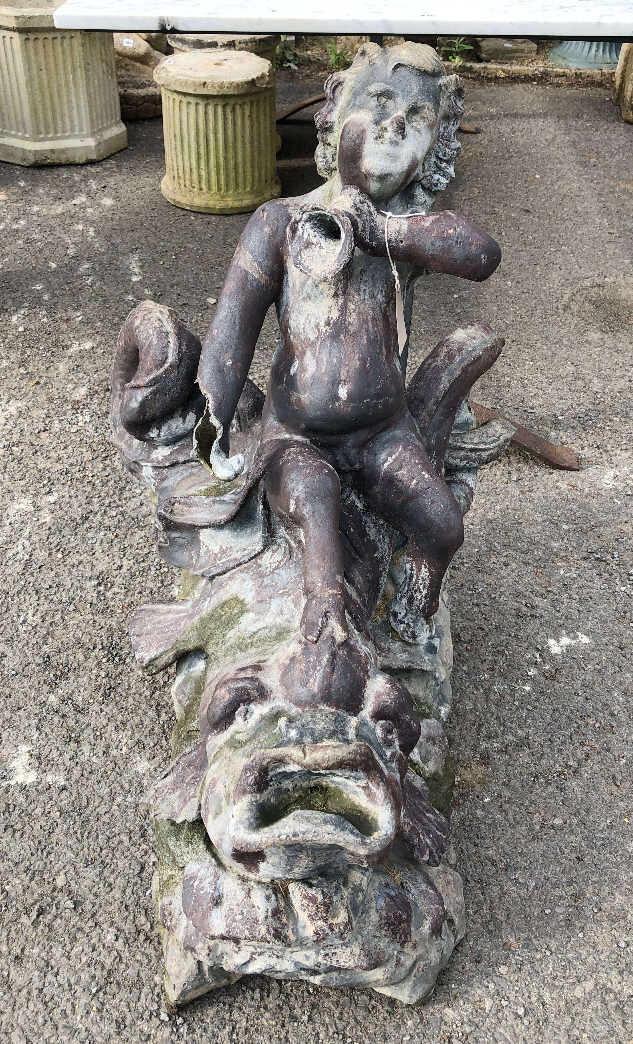 A Georgian lead cherub and dolphin fountain - 77.5 cm high, 66 cm long, 51 cm wide at rear, some - Image 11 of 13