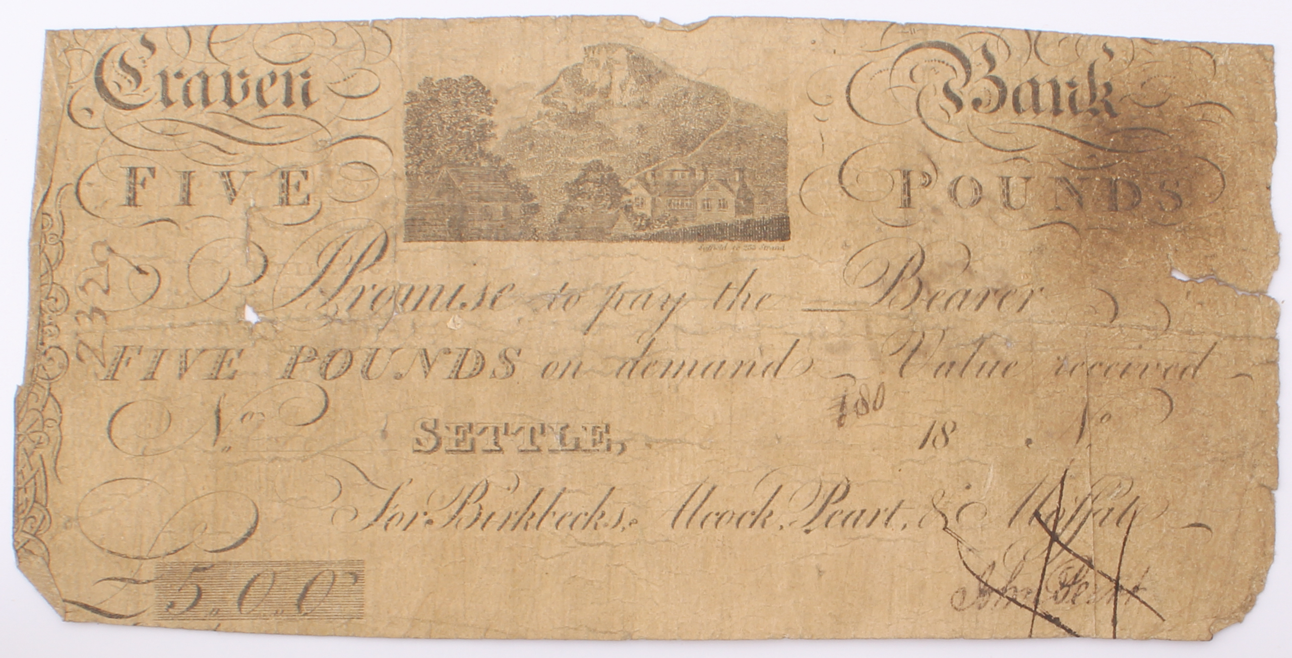 Seven Craven Bank (Settle) banknotes: £10, 1837, Craven Heifer and partners' initials to left, - Image 9 of 14