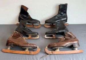 Three pairs of vintage leather ice skates - one ladies pair in black leather, stamped 'Viking