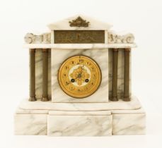 A French white marble eight-day mantel clock - circa 1900, the 10.5 cm ivory enamel and gilt-metal