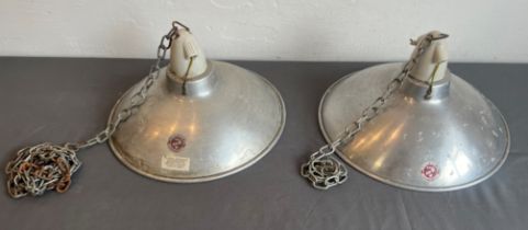 A pair of vintage retro 1960s polished aluminium industrial style ceiling lights - 'Wren Foster Ray'