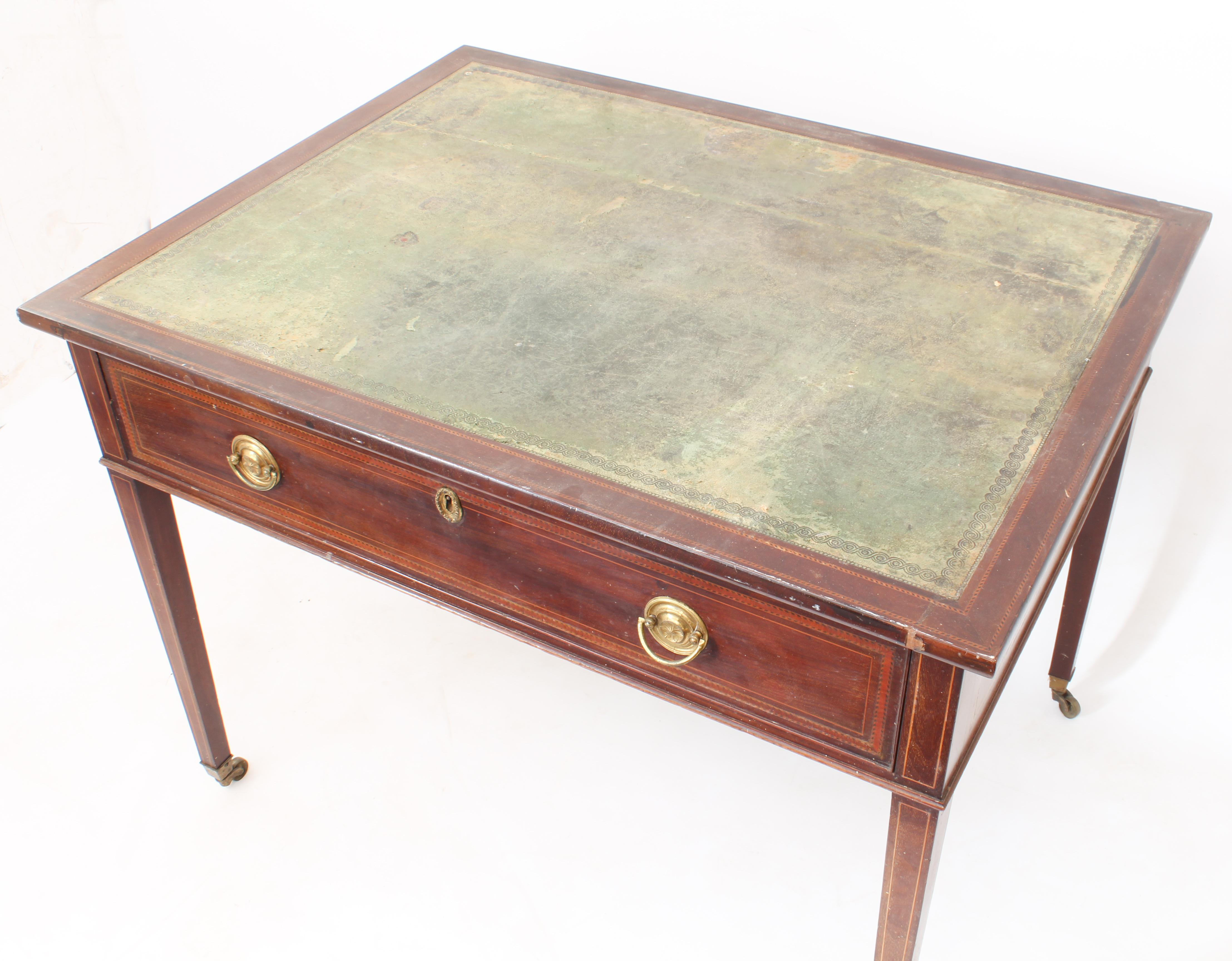 A Regency mahogany writing table - the rectangular top with barber's pole banding and inset tooled - Bild 2 aus 5