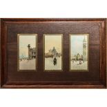 A triptych of colour prints of scenes in Venice - early 20th century, in a period oak frame with oak