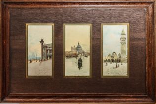 A triptych of colour prints of scenes in Venice - early 20th century, in a period oak frame with oak