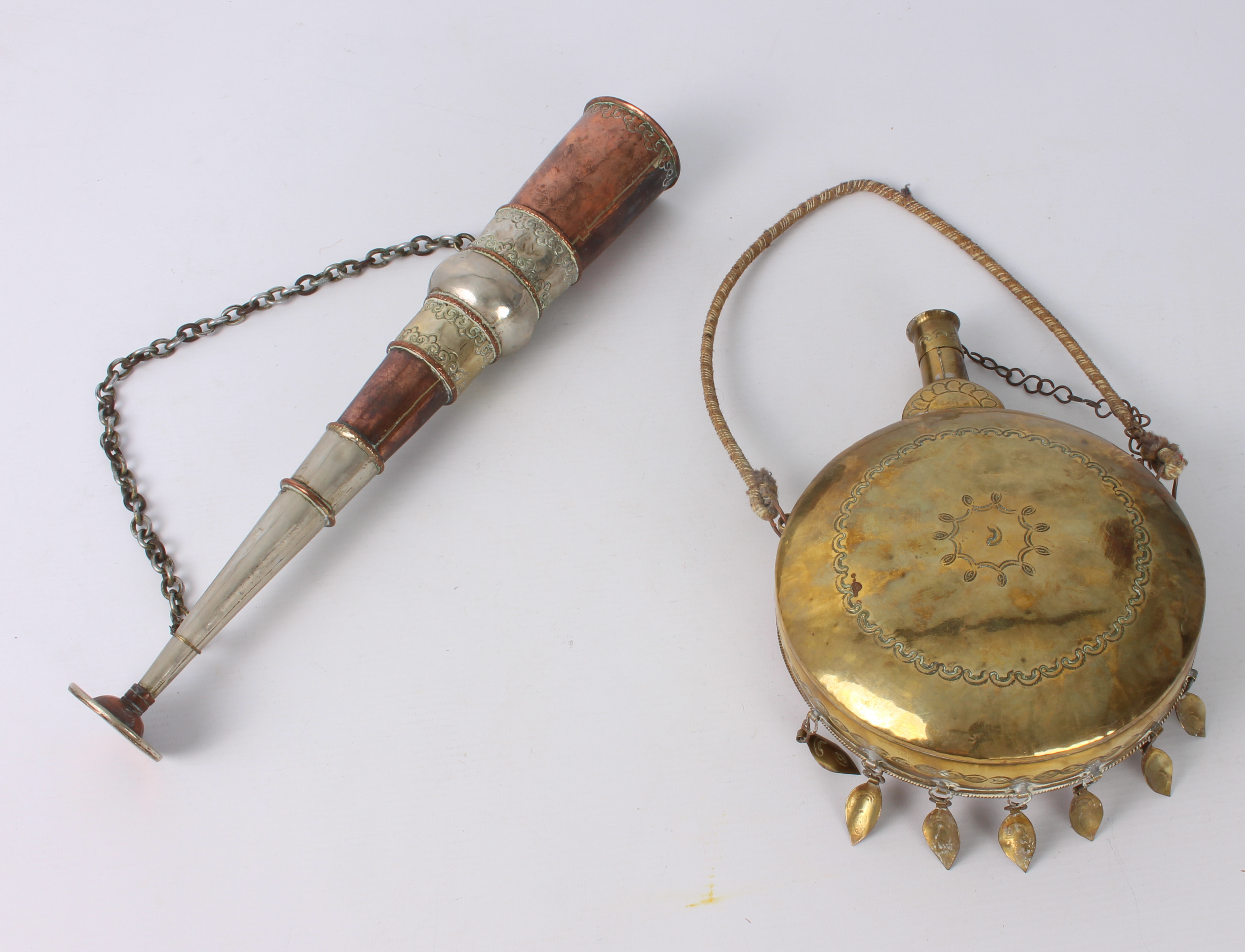 A Turkish copper, brass and white metal powder flask - 20th century, drum-shaped with cylindrical - Image 2 of 5