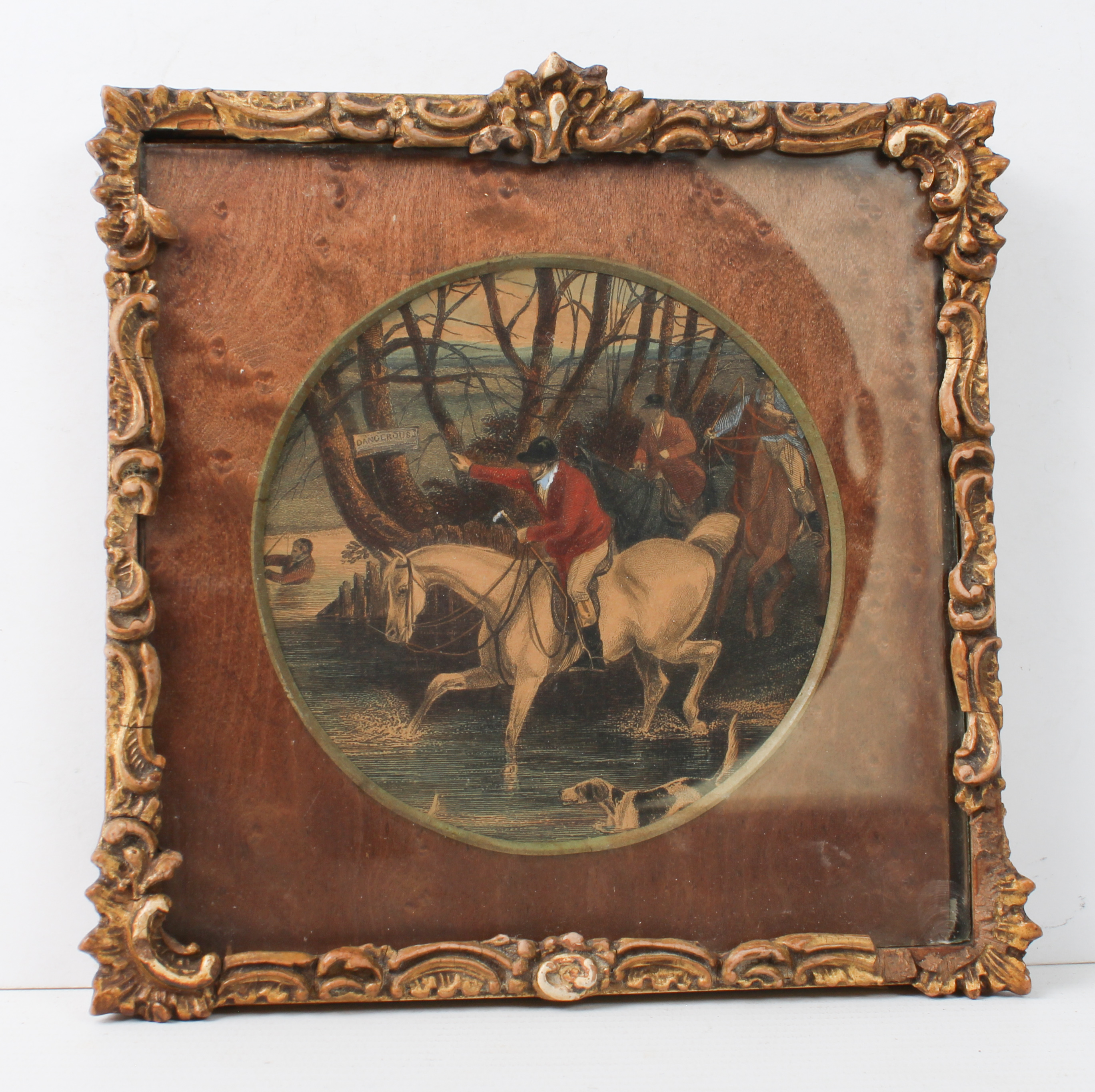 A set of three 19th century hand-coloured miniature engravings - hunting subjects, circular, eng. by - Image 6 of 7