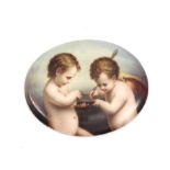 A late 19th century German oil on porcelain painted plaque - oval, depicting two cherubs scribing