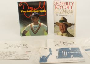 England and Yorkshire cricket interest: Geoffrey Boycott signed books, postcard etc.: 1. 'Boycott