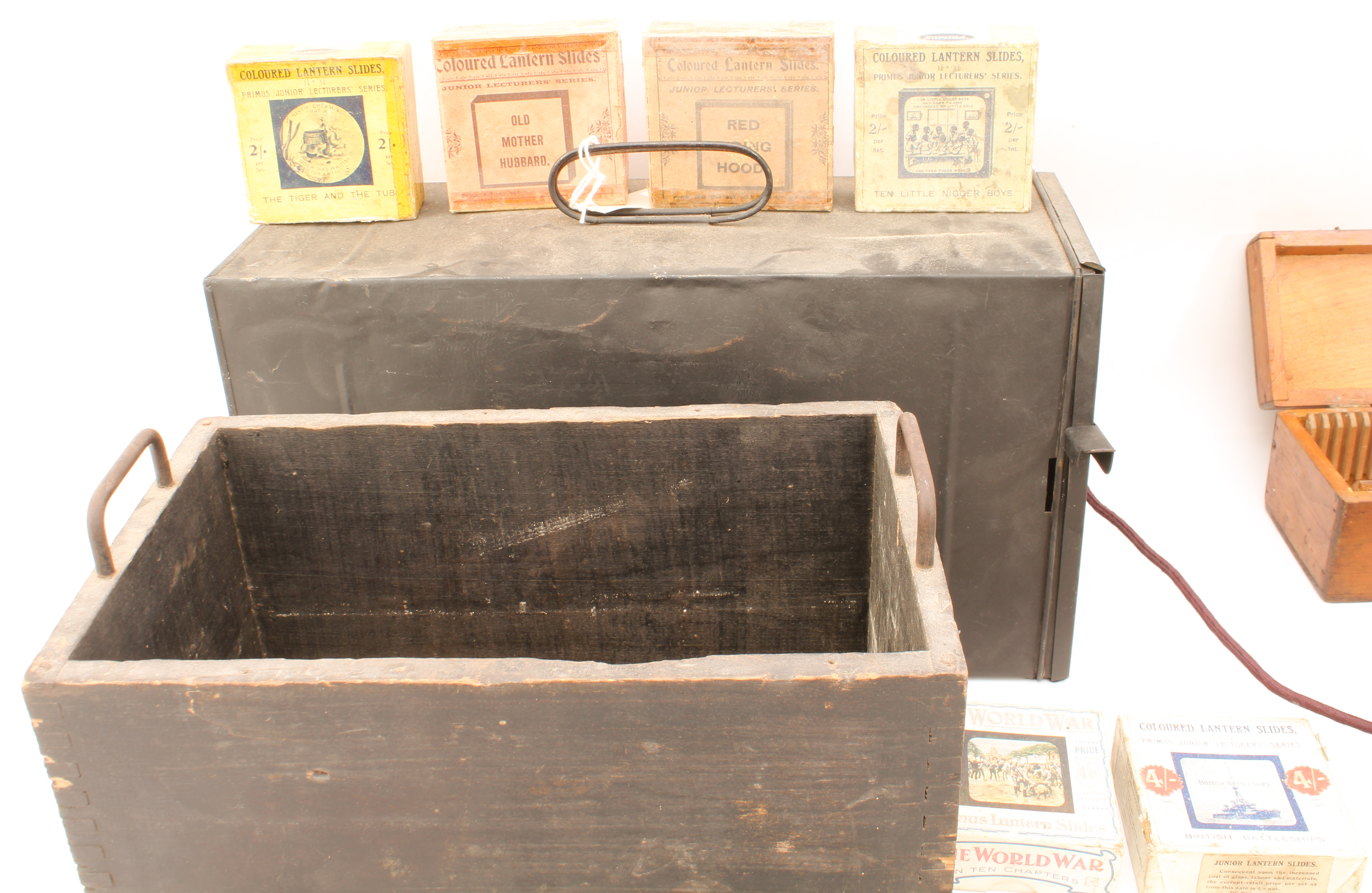 A cased magic lantern and a good quantity of slides to include: a mahogany and gilt-brass hand- - Image 9 of 14
