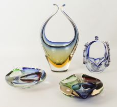 Four pieces of vintage Murano art glass: 1. a horned vase in blue, yellow and clear glass,