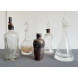 Three decanters and a soda syphon: 1.cut glass with silver mount, thistle-shaped, Mappin & Webb,
