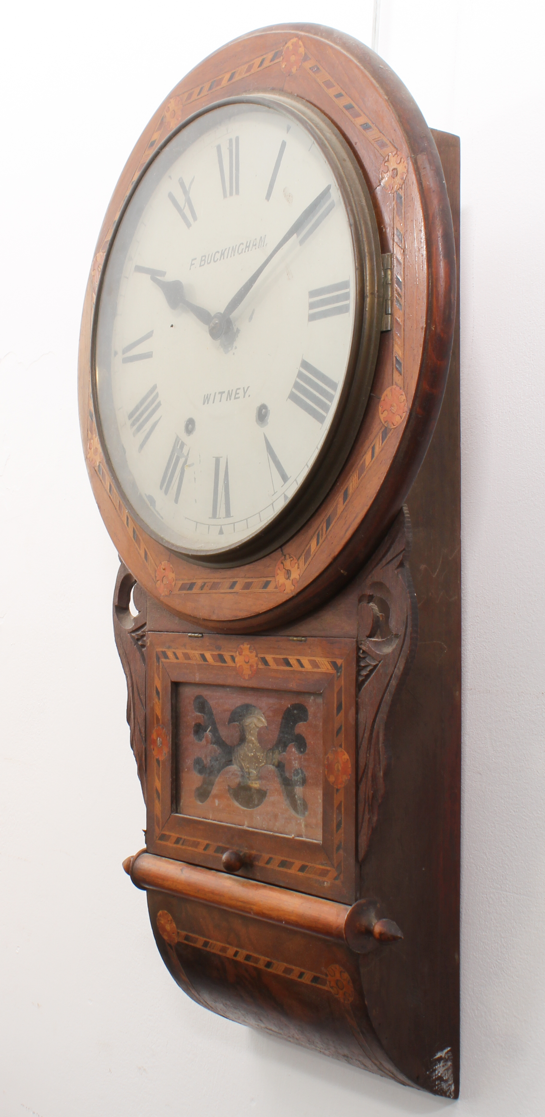 A Victorian walnut and parquetry drop-dial wall clock - the white painted Roman dial signed for - Bild 2 aus 2