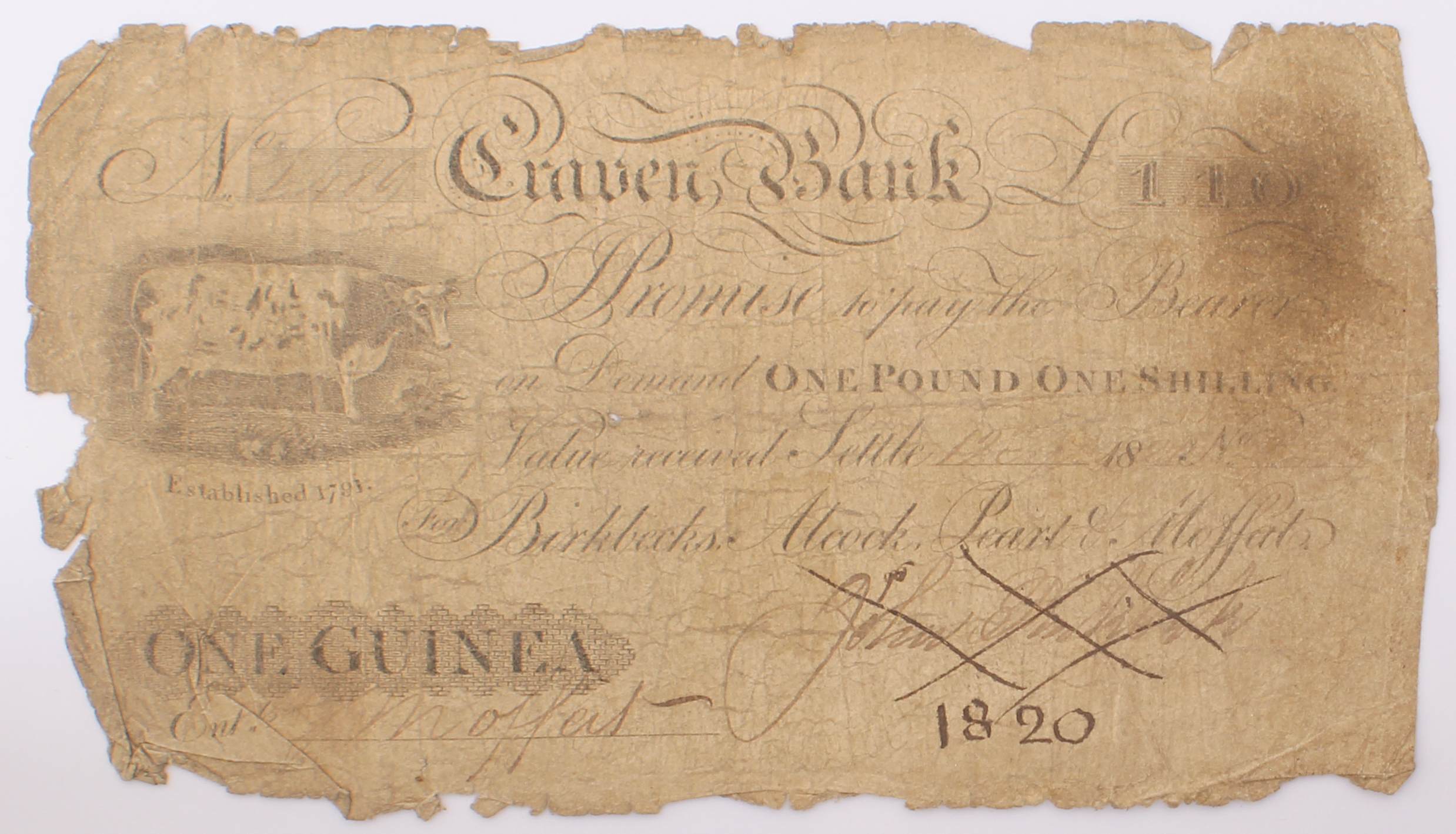 Seven Craven Bank (Settle) banknotes: £10, 1837, Craven Heifer and partners' initials to left, - Image 11 of 14