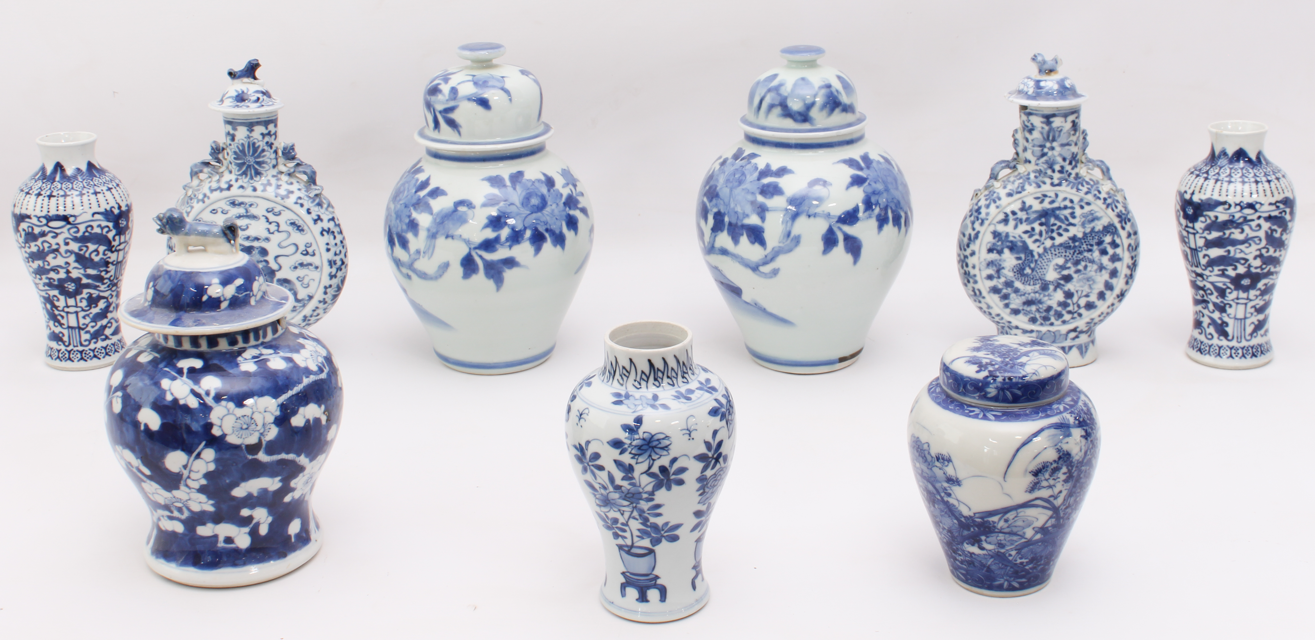 Nine pieces of 20th century Chinese blue-and-white porcelain and two Japanese: 1. two moon flasks