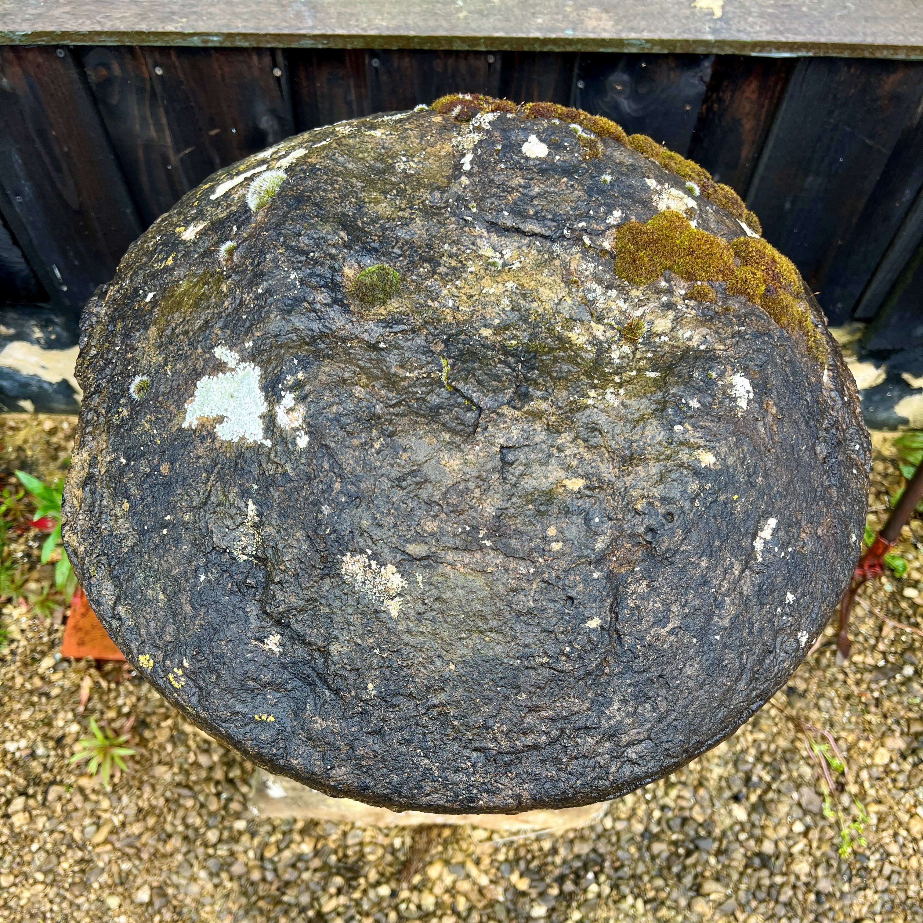 A Cotswold stone staddle stone - the top 39cm diameter x 13cm high, the base 50 x 36 x 94cm, 107cm - Image 2 of 2