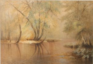 Edward John Duval (British, fl.1876-1916) Tranquil wooded river landscape watercolour, signed 'E J