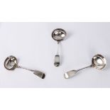 Three good quality silver-plated fiddle pattern sauce ladles - early 20th century, including a