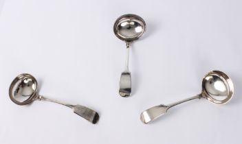 Three good quality silver-plated fiddle pattern sauce ladles - early 20th century, including a