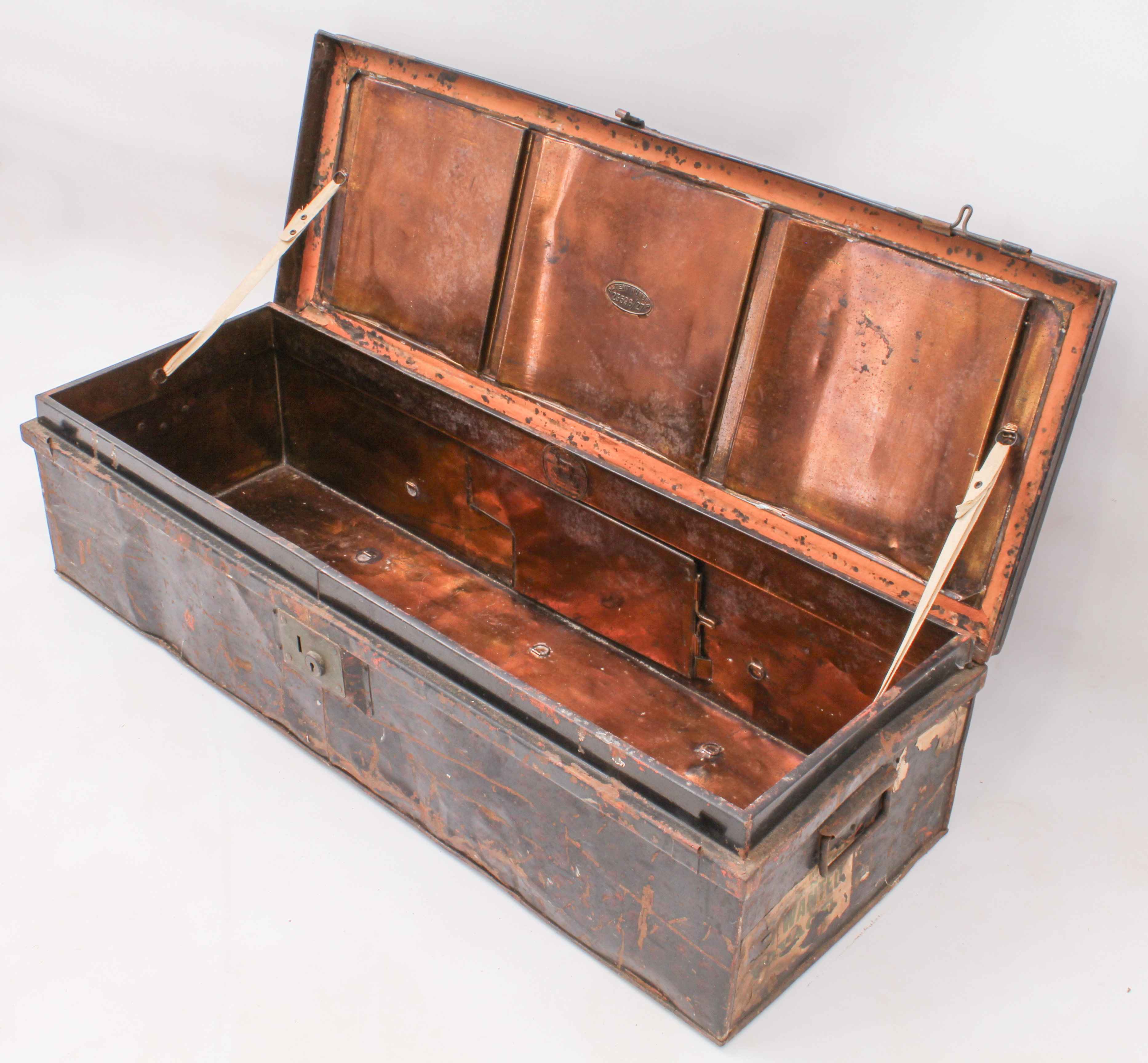 An early 20th century tin uniform trunk - the japanned exterior with remnants of travel labels and - Image 2 of 3