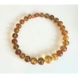 An amber bead necklace - with graduated, polished ovoid beads and loop and bar clasp, 43.5 cm long.