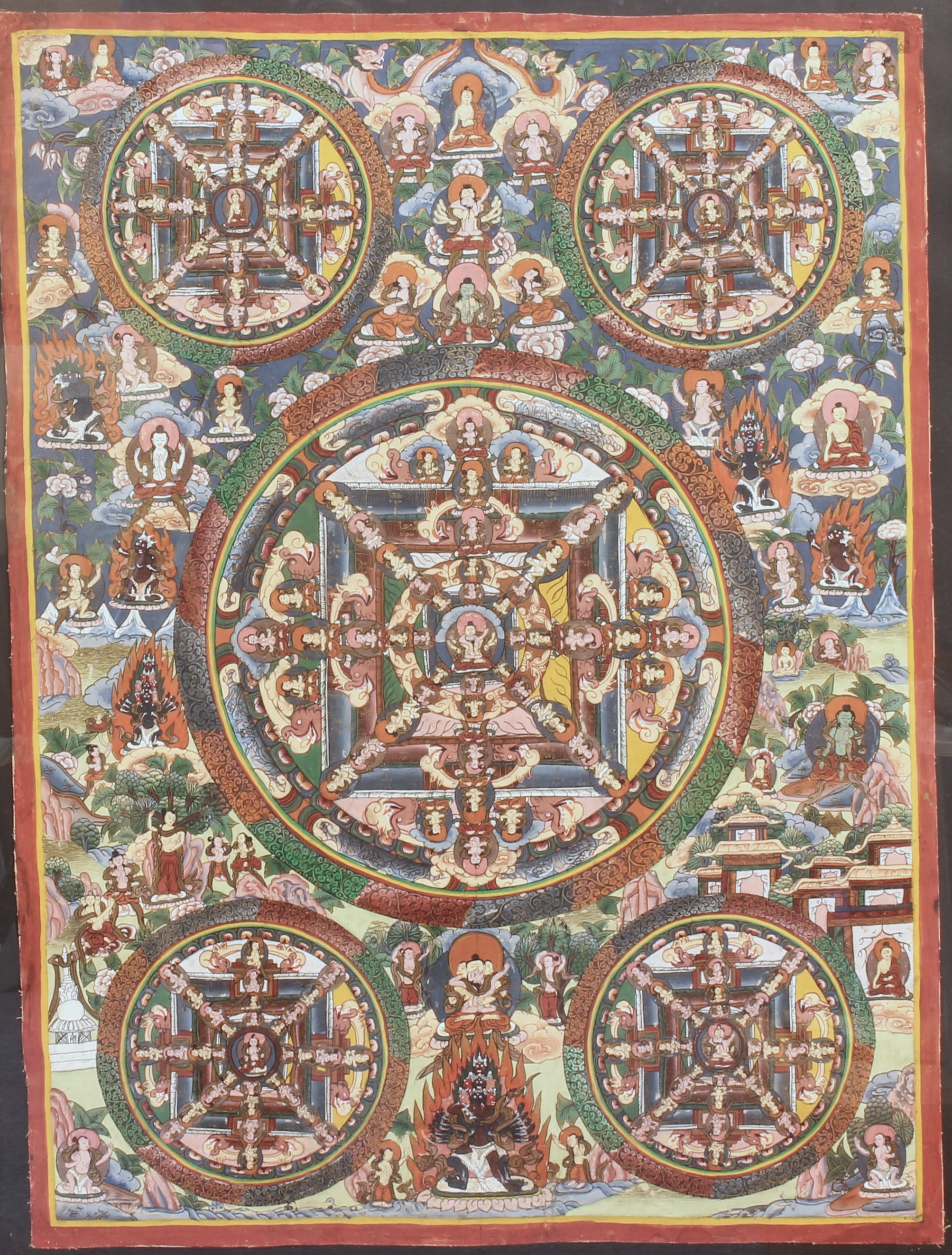 A Tibetan Five Buddhas Mandala Thangka - 20th century, gouache on linen, painted with a central