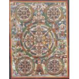 A Tibetan Five Buddhas Mandala Thangka - 20th century, gouache on linen, painted with a central