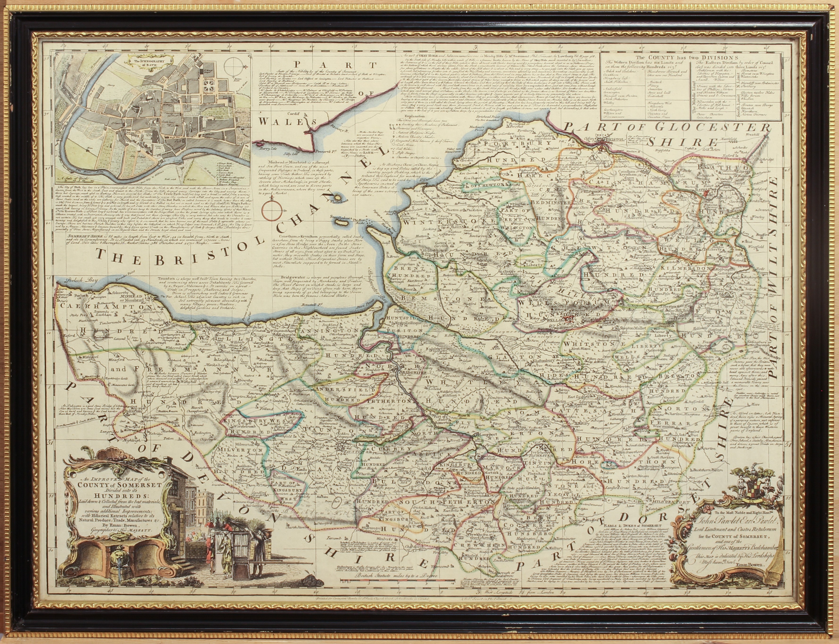Emanuel Bowen (British, 1694-1767) 'An Improved Map of the County of Somerset Divided with its