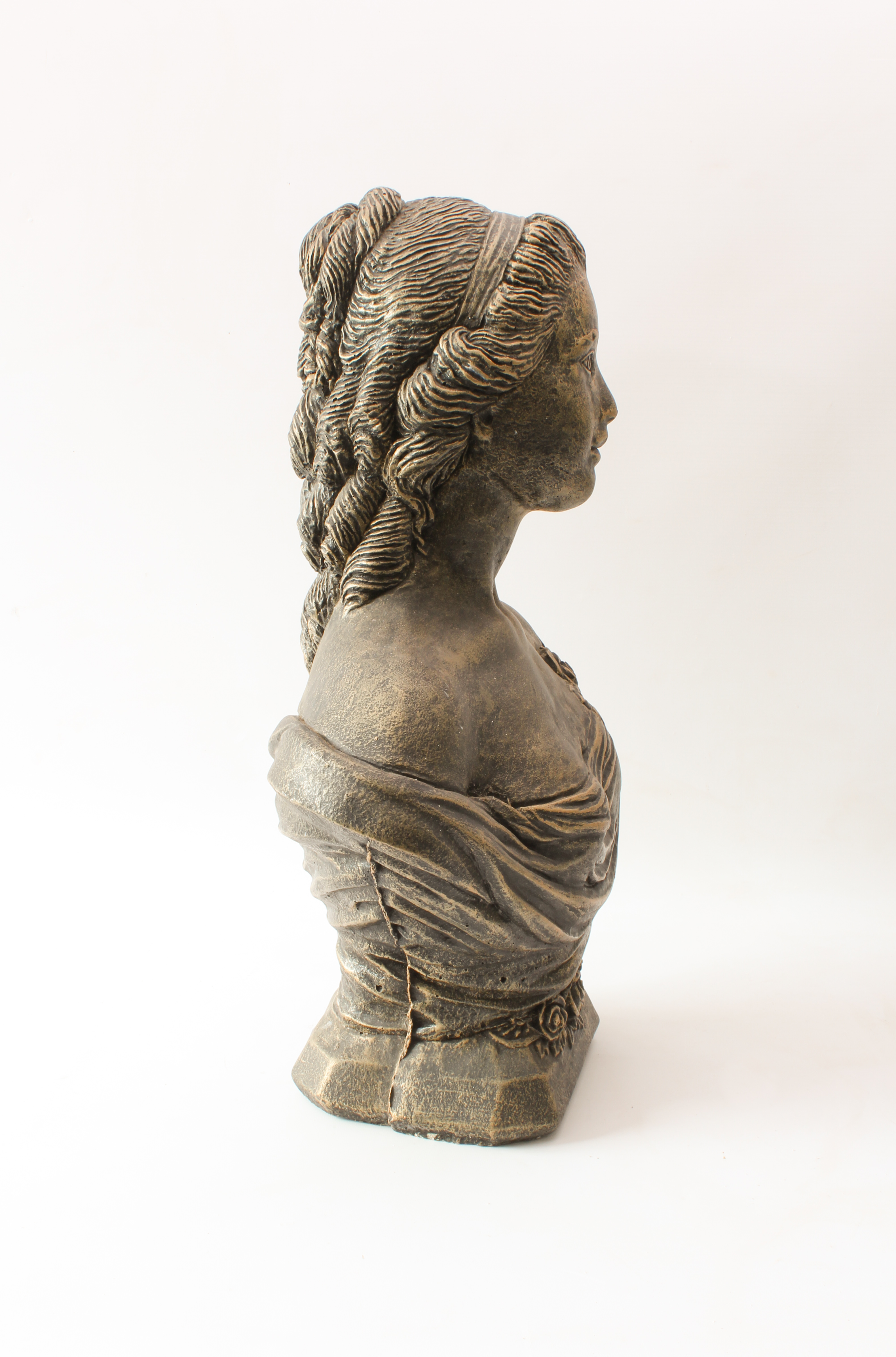 A large bronzed plaster classical bust of a lady - in a draped robe decorated with roses, on an - Image 3 of 4