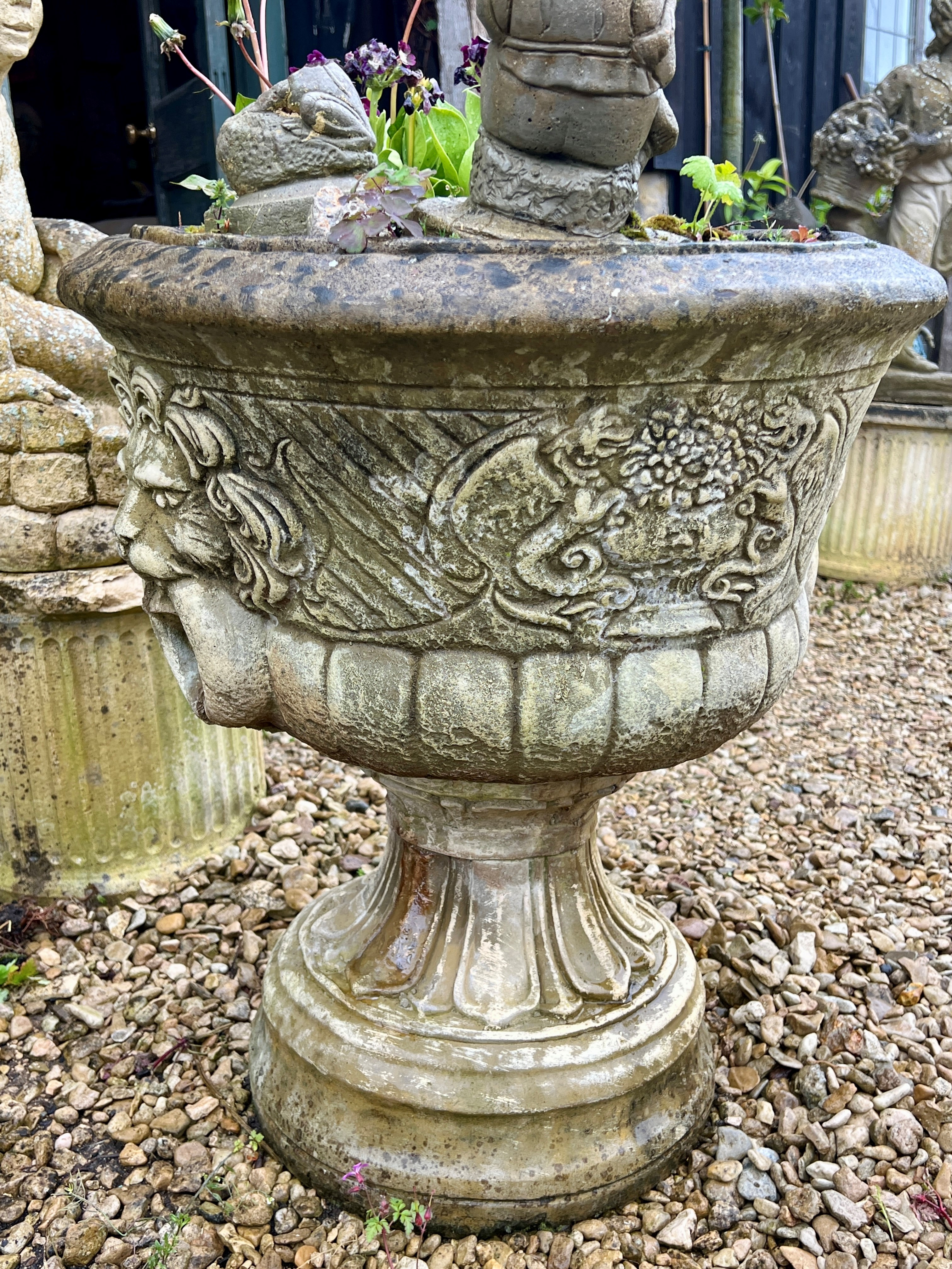 A pair of composite garden urns with lion mask handles - the bowl 55cm diameter, 63cm high. - Image 2 of 2