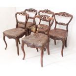 A set of five mid-19th century carved walnut and leather balloon back dining chairs - with foliate