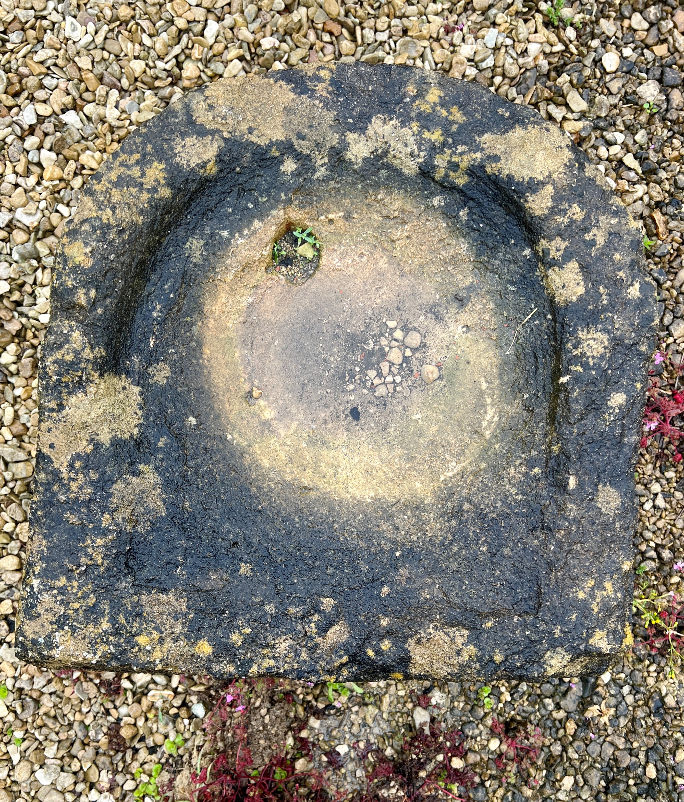 A Cotswold stone shallow trough or bird bath - one end slightly V-shaped, 54 x 51cm, 10cm high. - Bild 2 aus 2