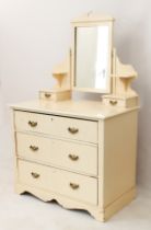 An Edwardian painted dressing table - the back with rectangular plate with pierced cresting, above