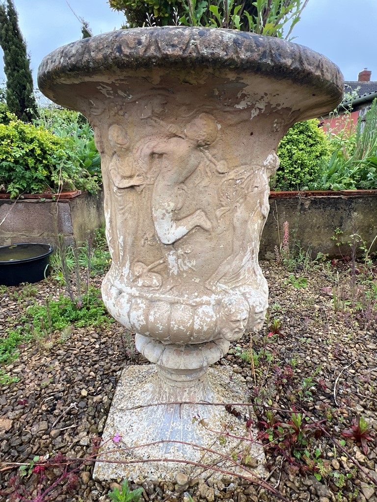 A composite stone garden urn - with figural and gadrooned decoration, on a pedestal base, 60cm - Image 3 of 3