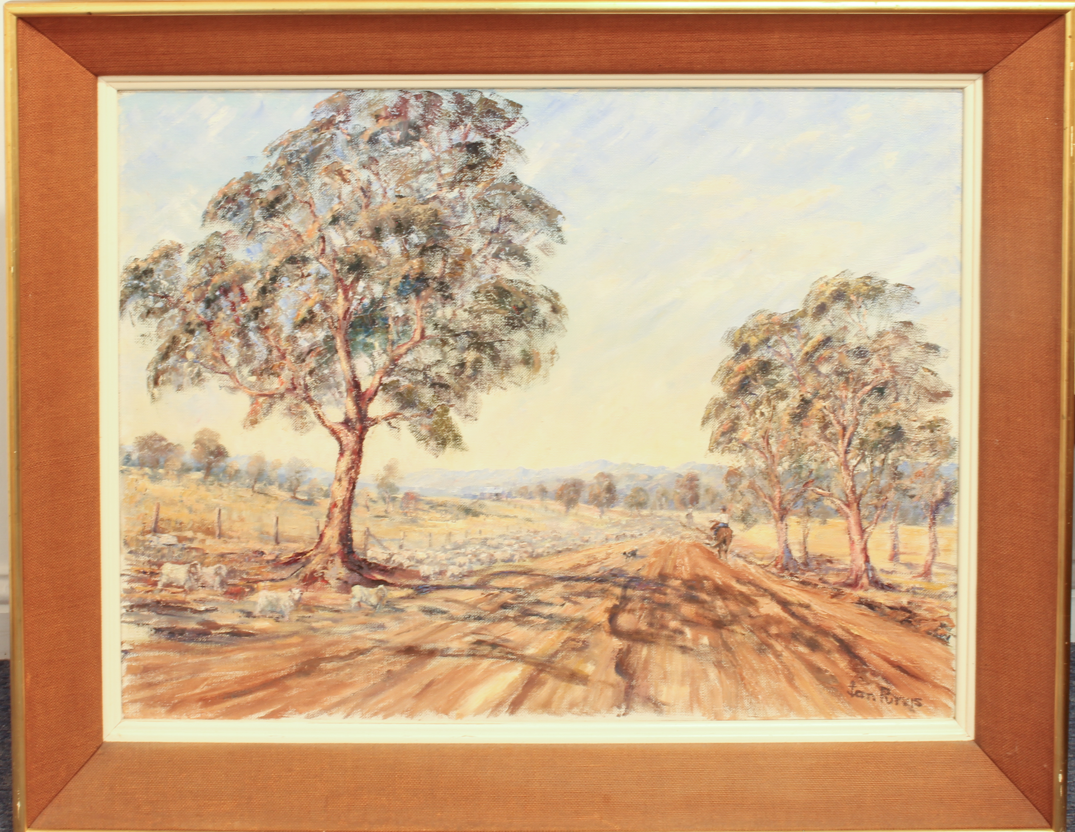 Ian Purvis (Australian, 1916-2003) Sheep driving in the Australian outback oil on canvas, signed