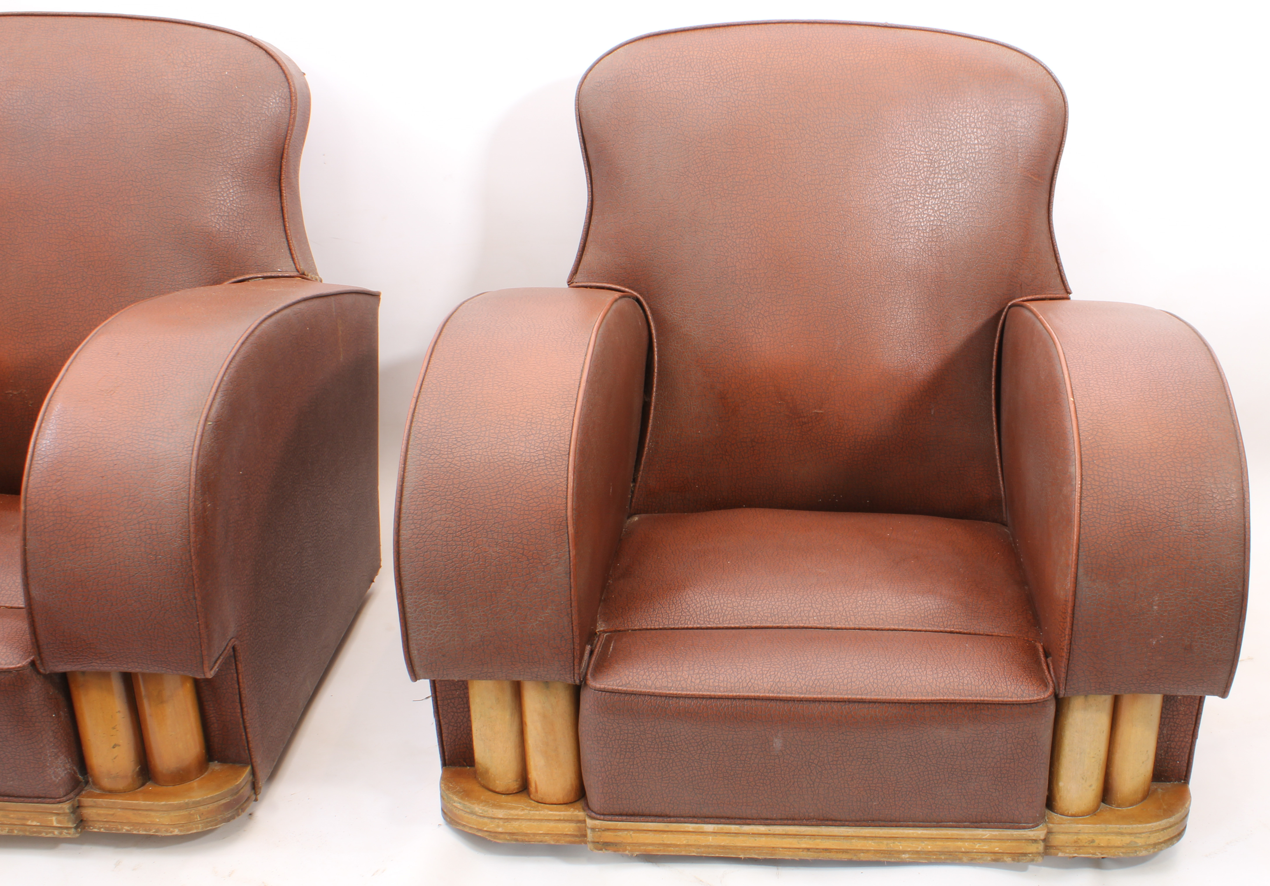 A pair of mid-century Art Deco style armchairs - upholstered in brick red faux-leather, with later - Image 3 of 3
