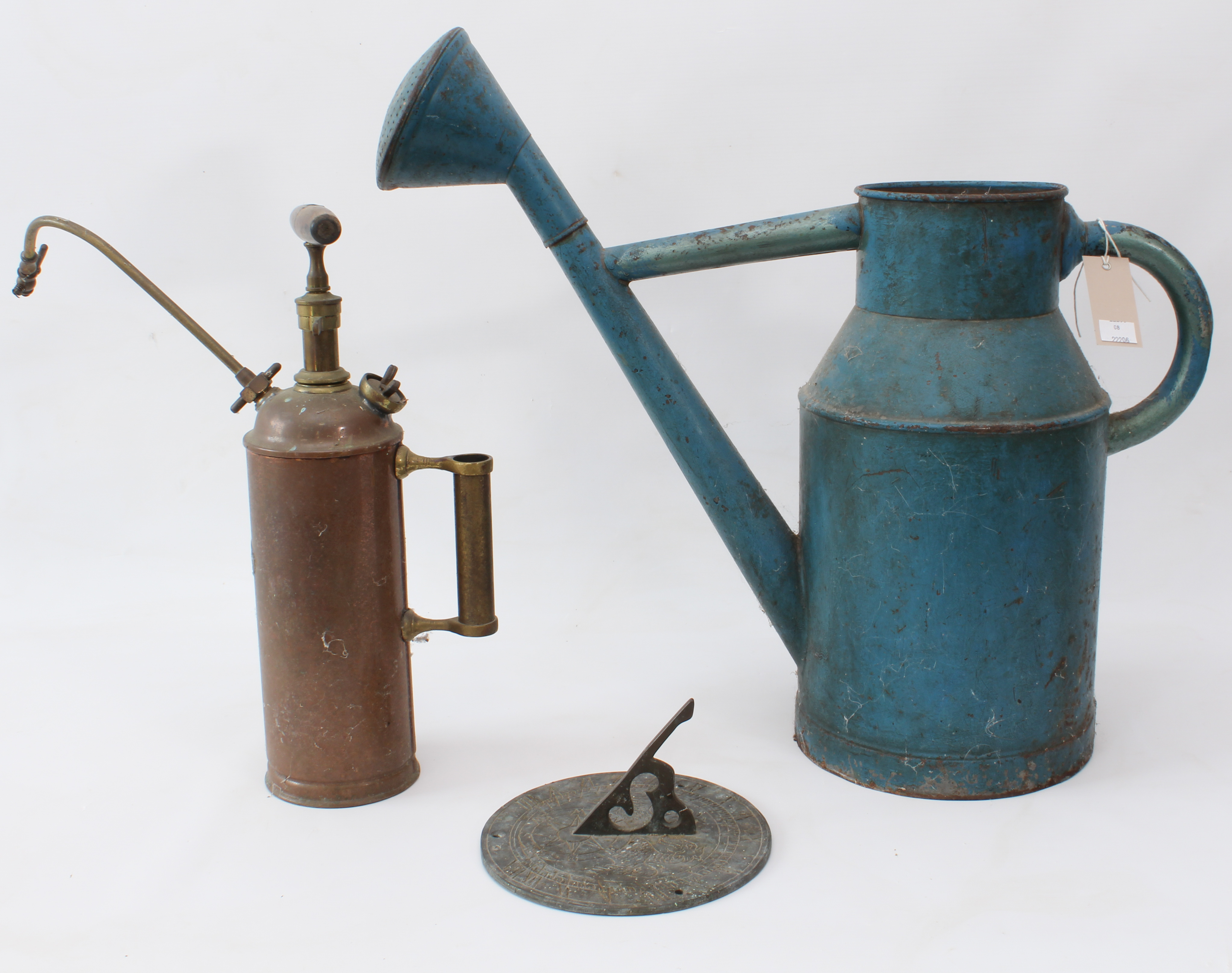 A large vintage painted tin watering can - early 20th century, with rose, 52 cm high; together