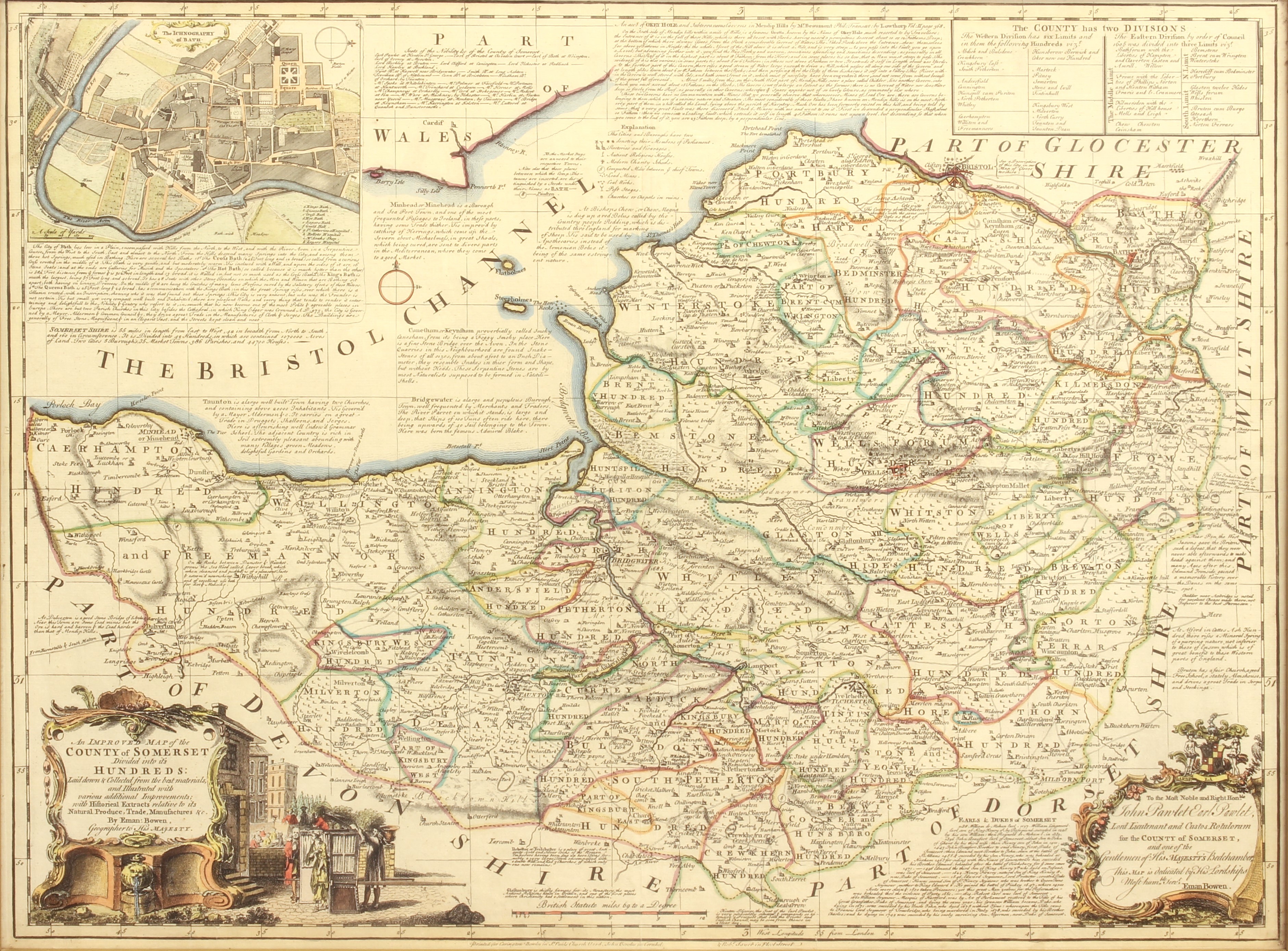 Emanuel Bowen (British, 1694-1767) 'An Improved Map of the County of Somerset Divided with its - Image 2 of 3