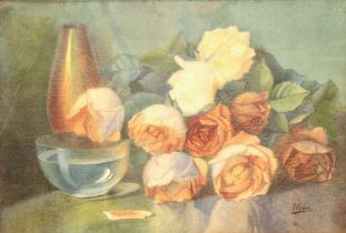Andre Wargoutz (French, 1887-?) Still life of roses, a vase and bowl on a table watercolour,