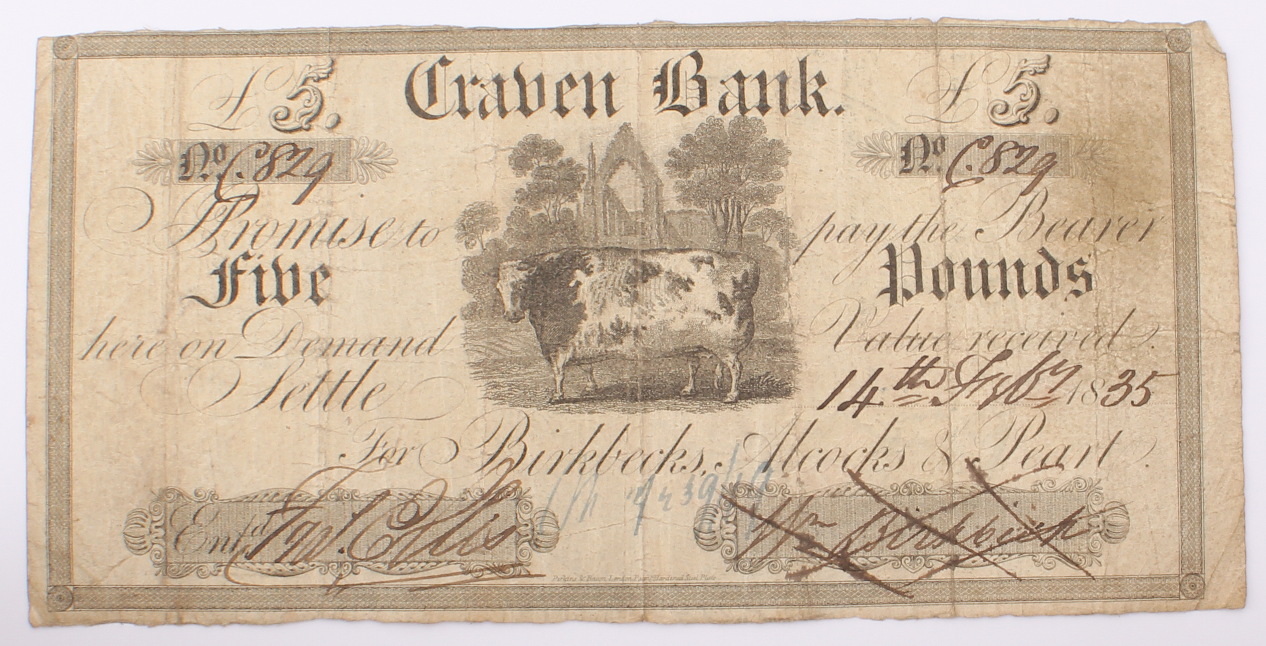 Seven Craven Bank (Settle) banknotes: £10, 1837, Craven Heifer and partners' initials to left,