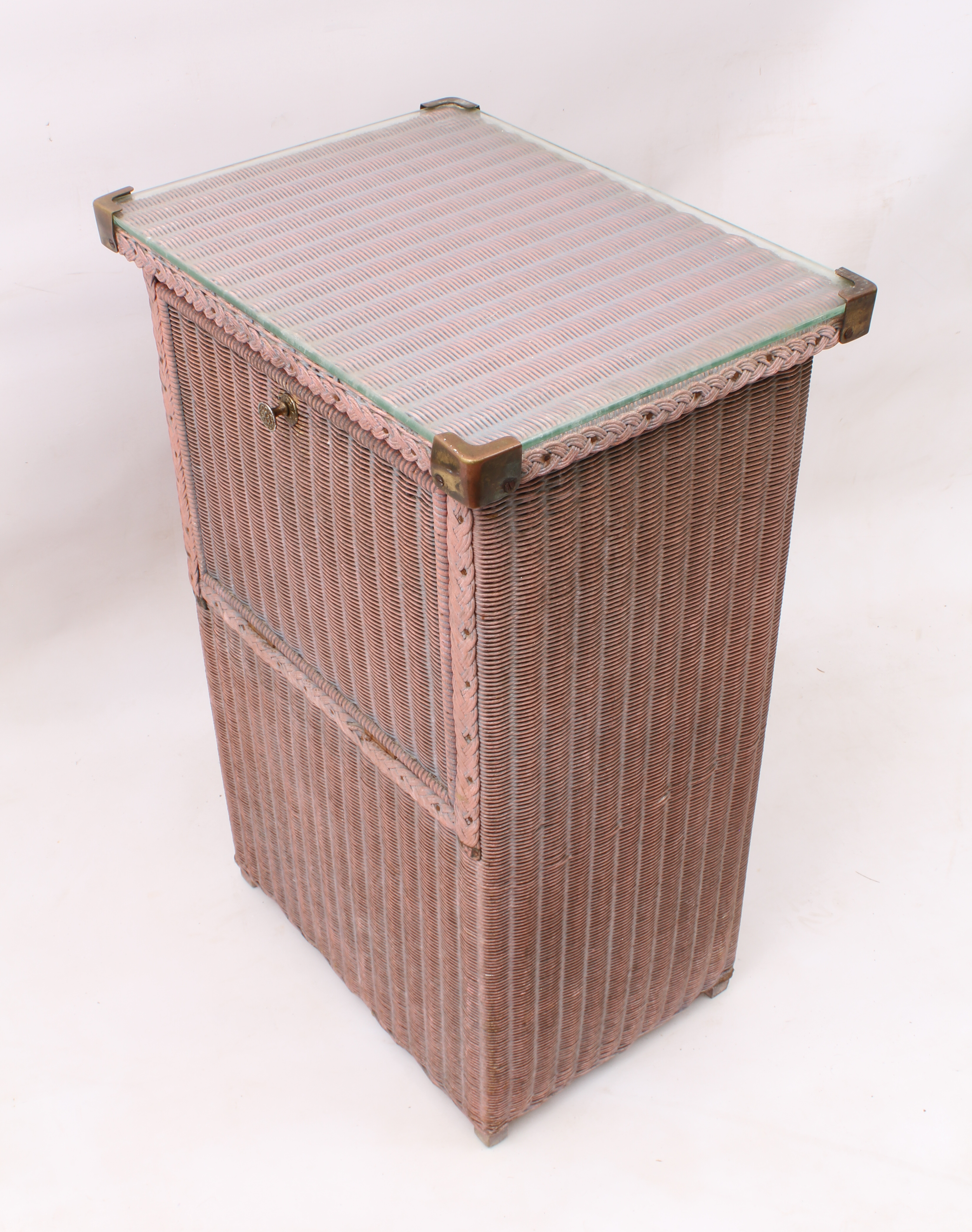 Two  pieces: 1. a mid-century Lloyd Loom style linen box, with glass top and drop-down front - Bild 4 aus 5