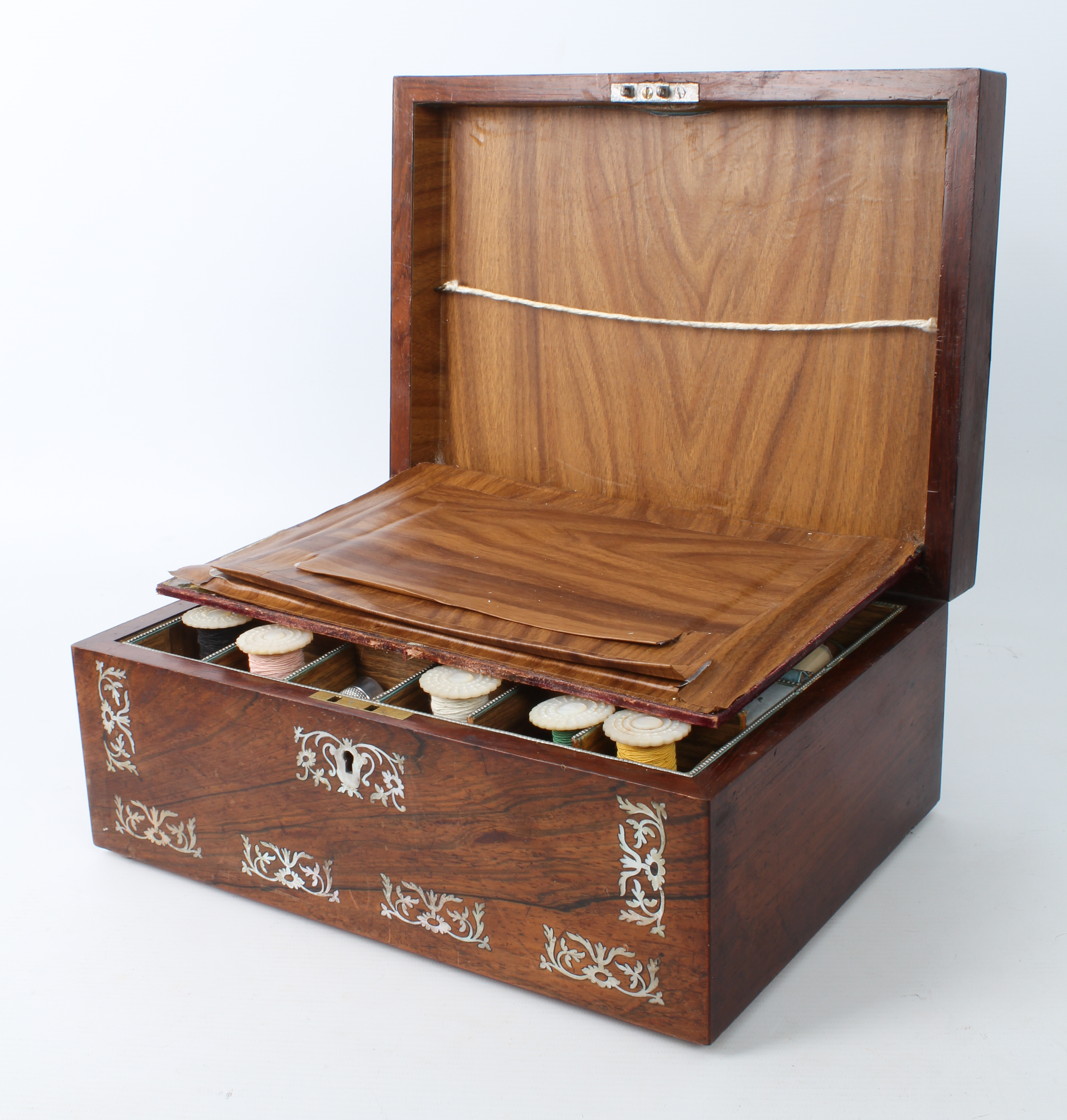 A Victorian rosewood and mother of pearl work-box - the rectangular box with foliate-scroll mother - Image 3 of 5