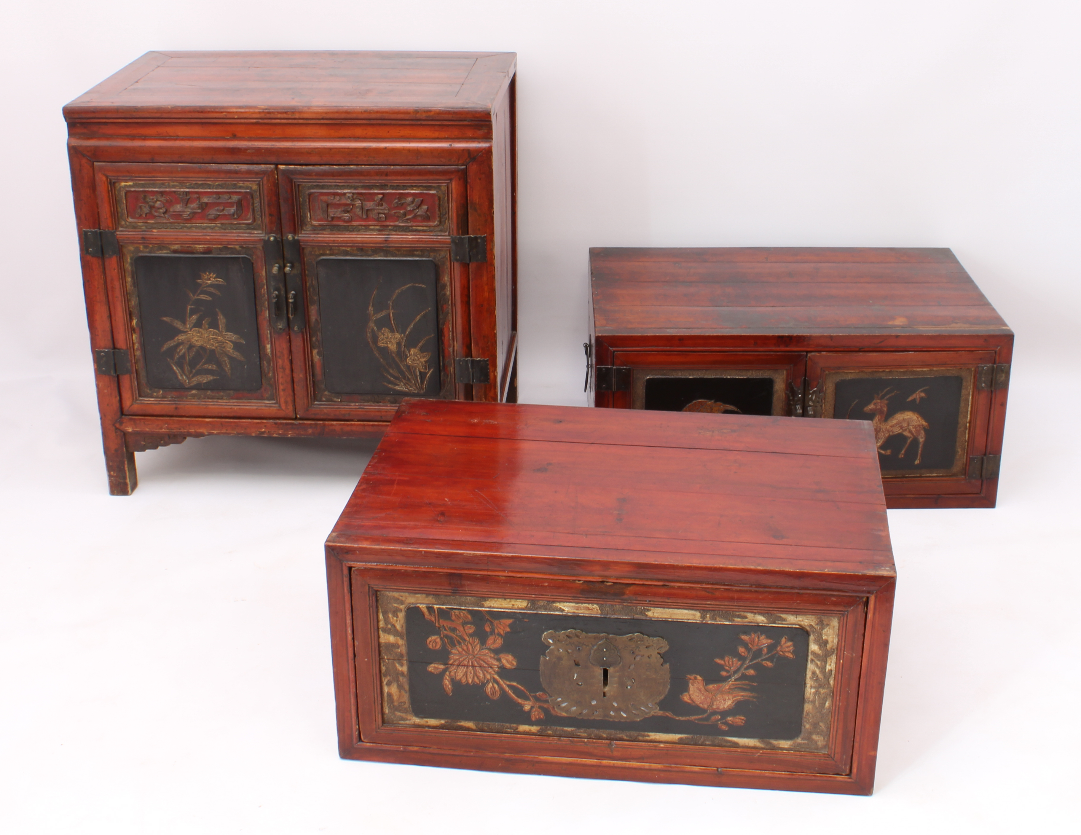 A Chinese red stained pine, lacquered and parcel-gilt three-piece compound cabinet - probably - Image 6 of 6