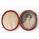 A 19th century portrait miniature of a lady on ivory, within red Moroccan leather case. Ivory