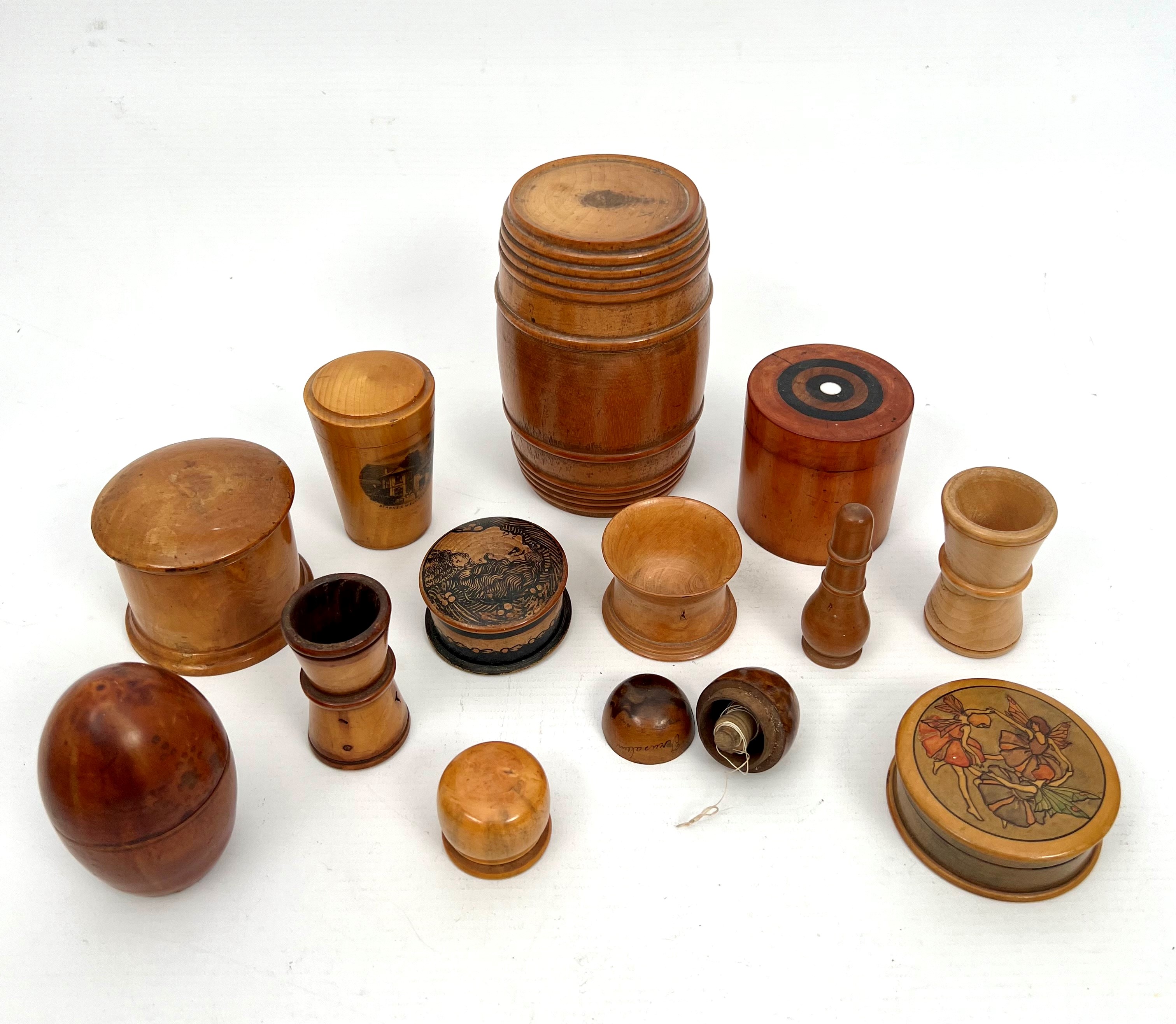 A group of thirteen items of Treen - 19th and first half 20th century, including a large barrel-form