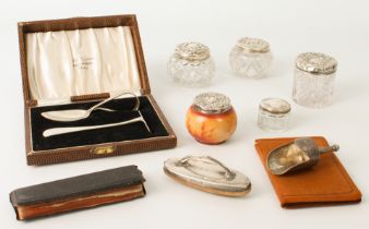 A small group of silver 'smalls' - comprising four silver mounted cut and moulded glass vanity jars;
