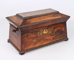 A William IV brass inlaid rosewood tea caddy by Farthing of 42 Cornhill, London - of large