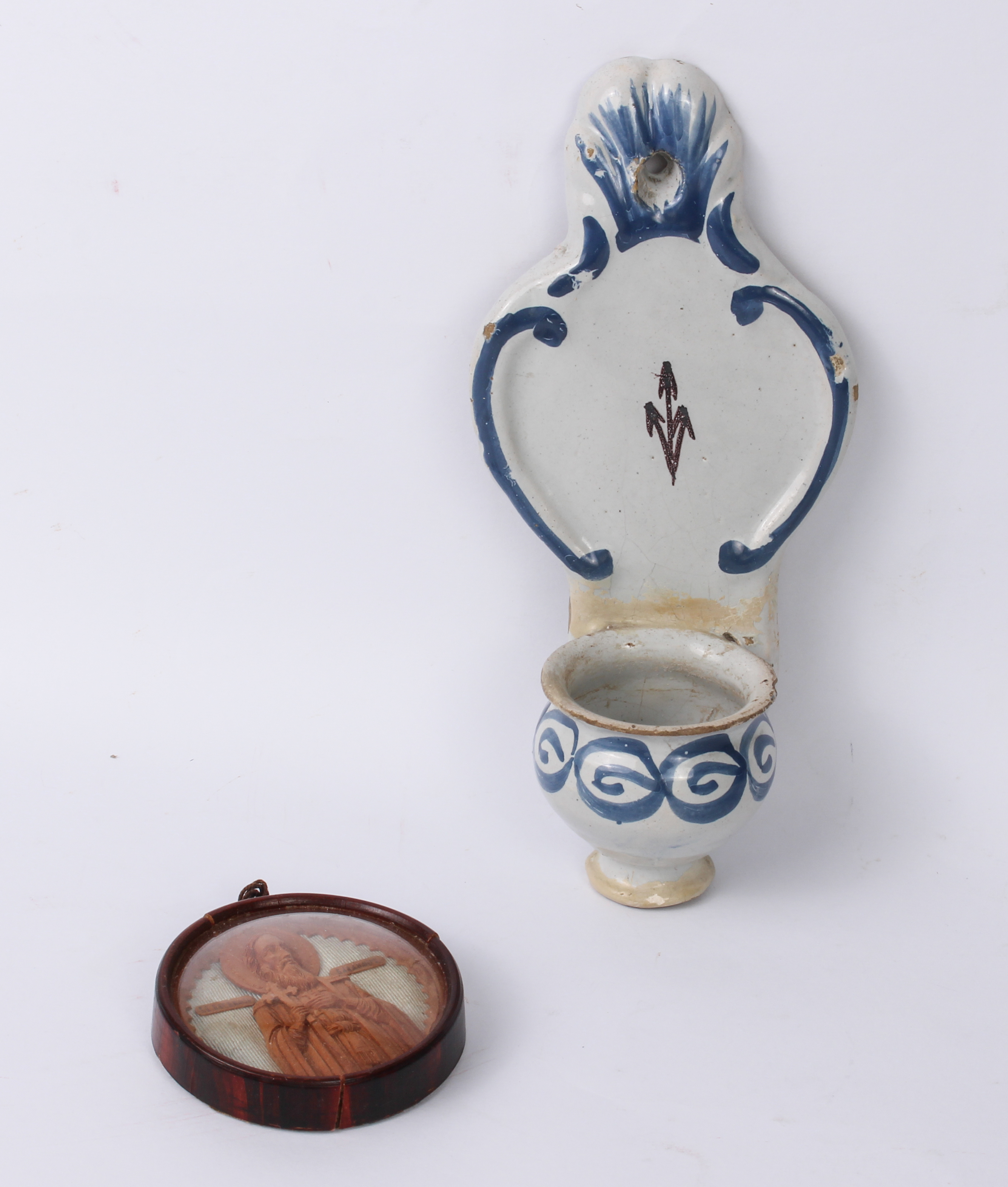 A miniature faience tin glazed buff terracotta miniature wall pocket or font - probably 19th - Image 5 of 8