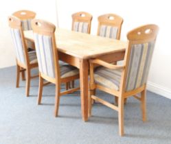 A pine farmhouse table and chairs - the five-plank top raised on square tapered legs (LWH 170.5 x