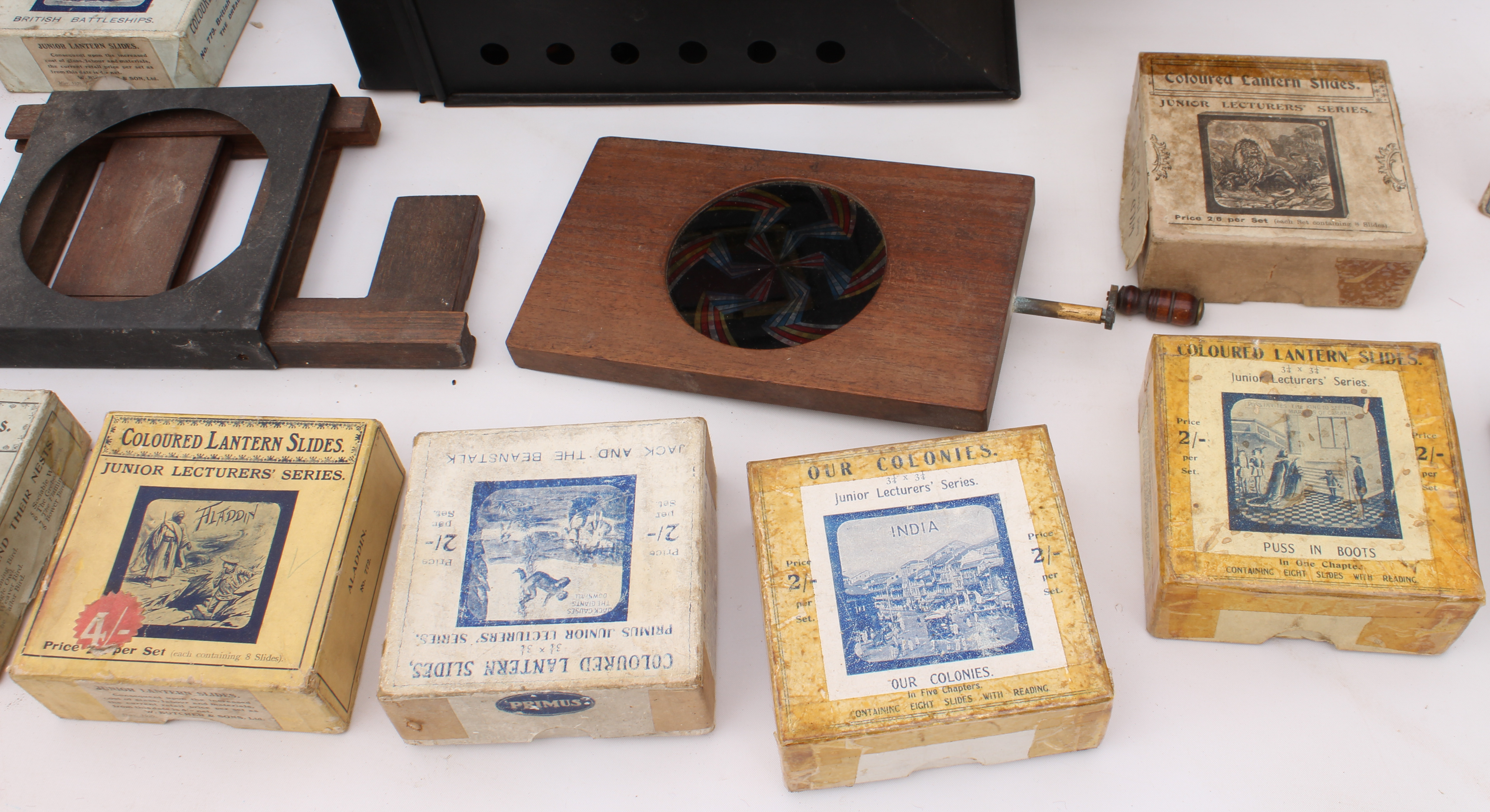 A cased magic lantern and a good quantity of slides to include: a mahogany and gilt-brass hand- - Bild 13 aus 14