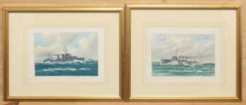 Three watercolour studies of Royal Navy gunboats, one numbered H37 and all signed G James 1937 (